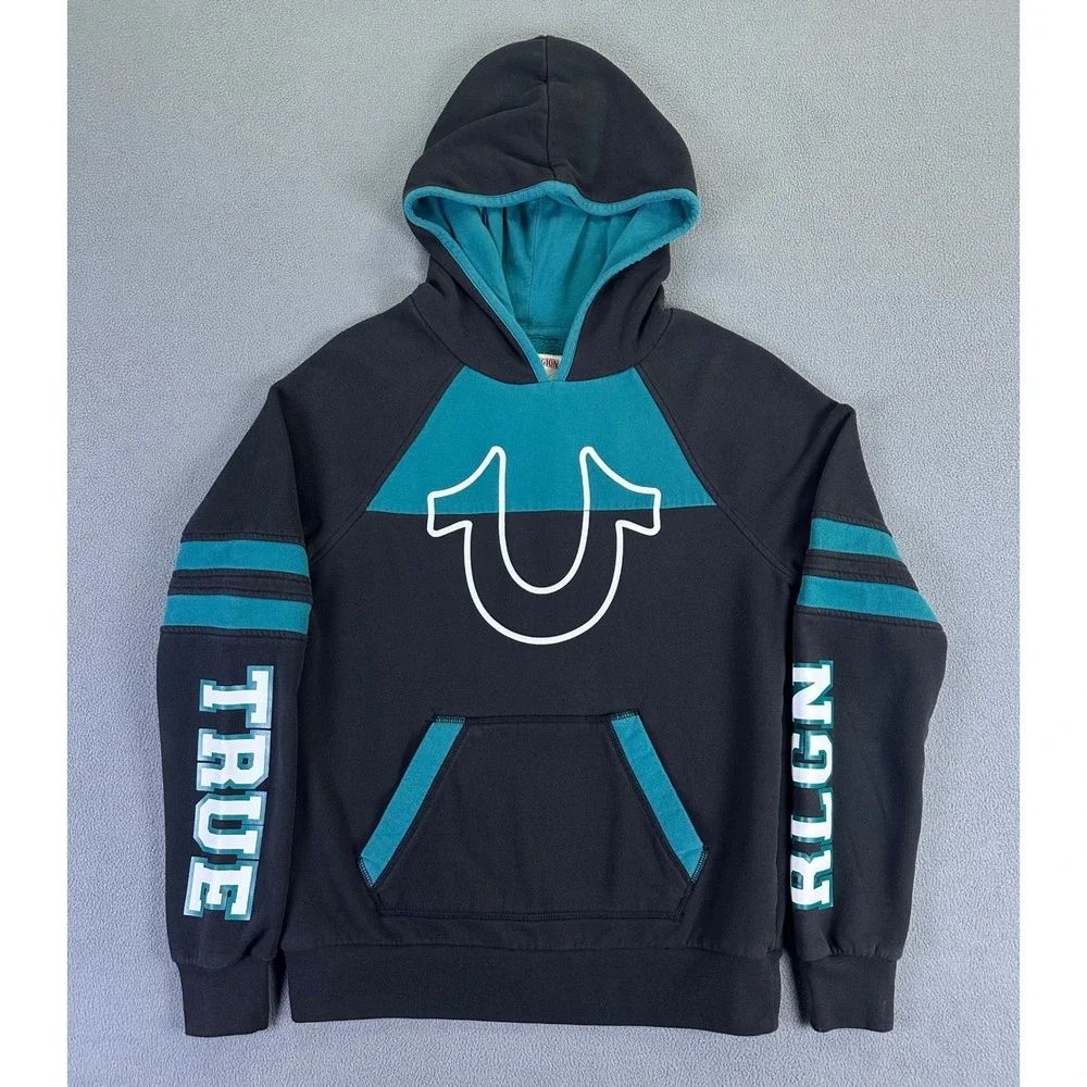 True Religion Hoodie Adult Medium Black Teal Logo PNL Sleeve Logo